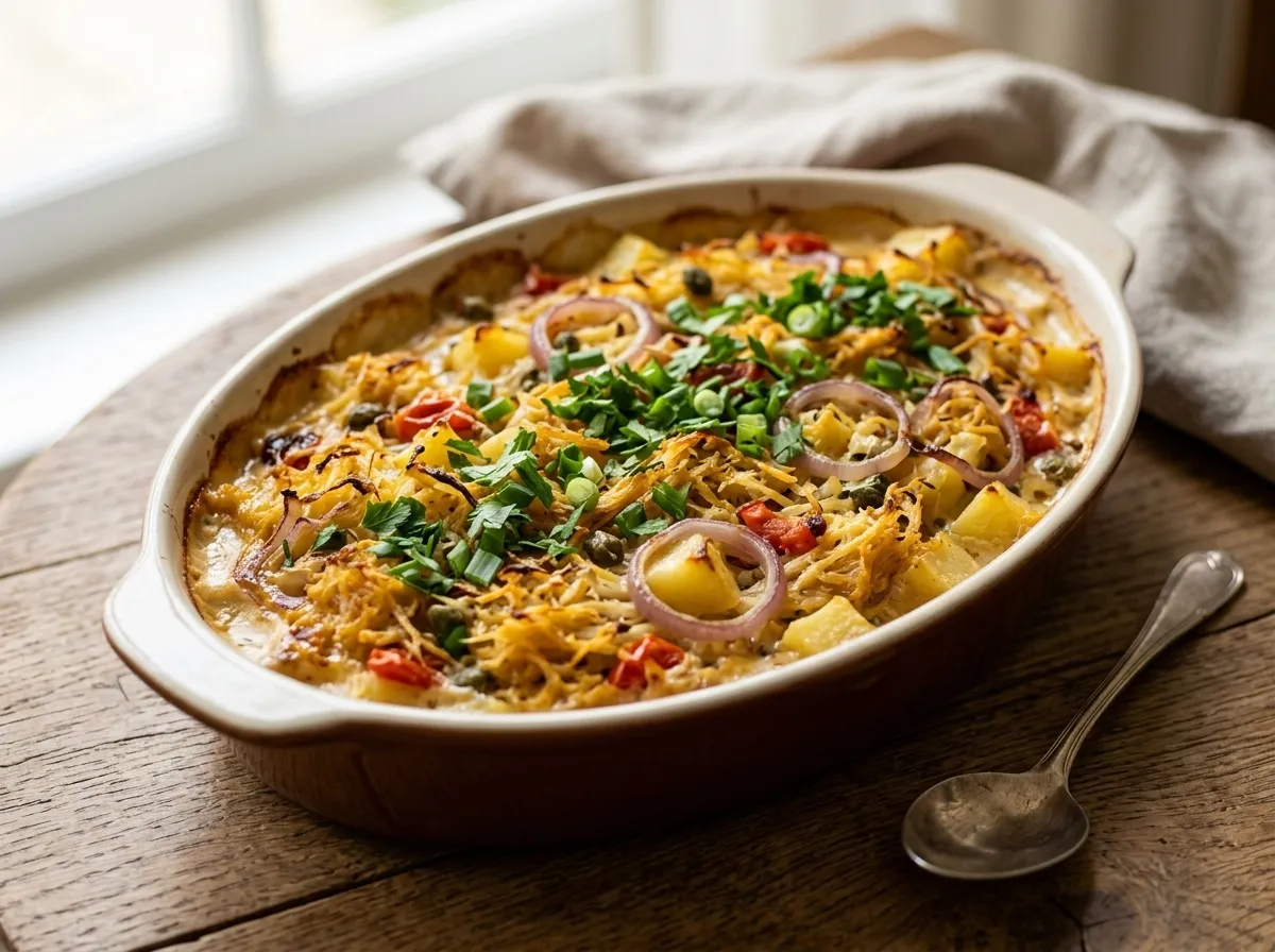 Bacalhau desfiado no forno
