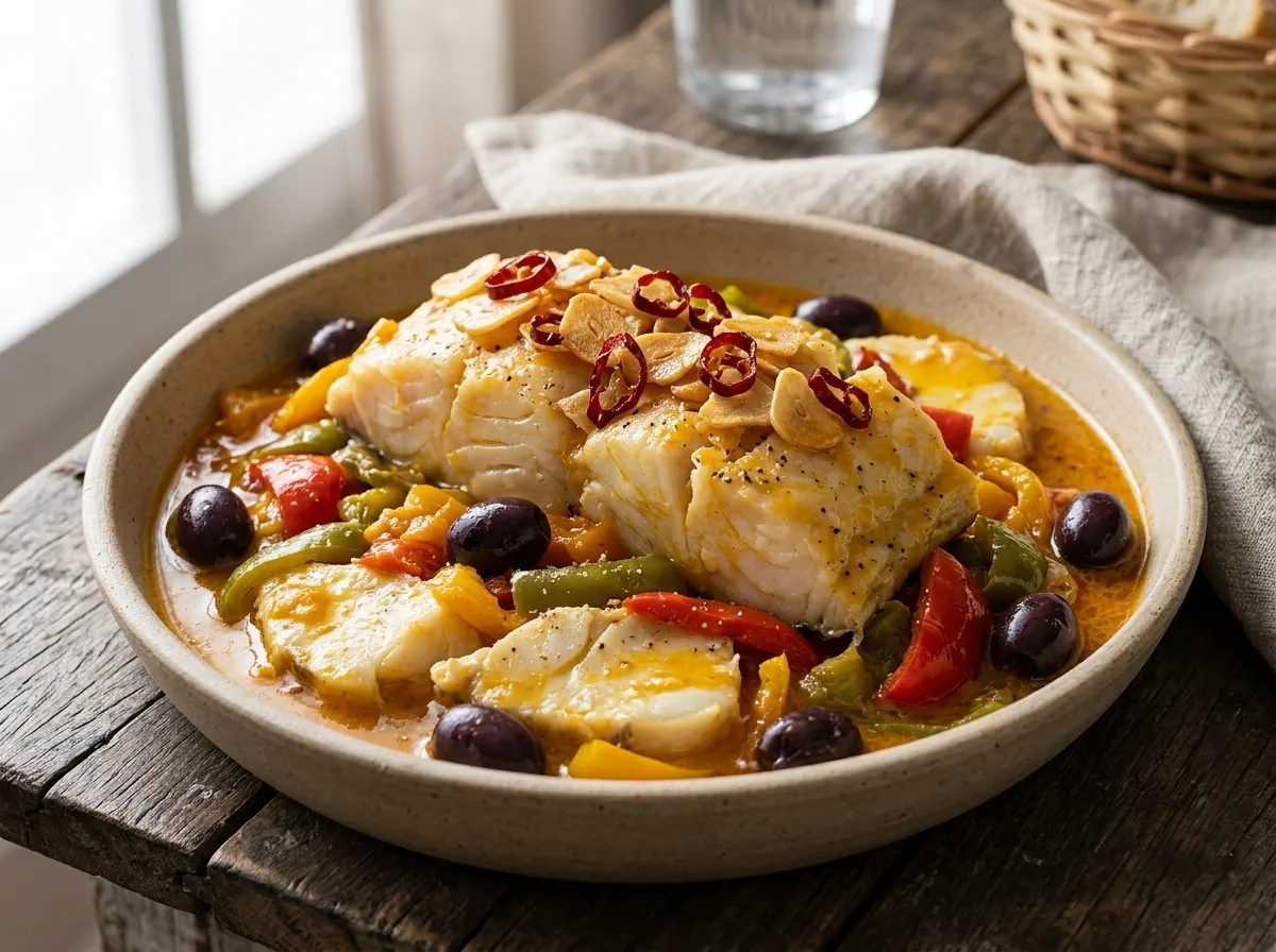 Lombo de bacalhau ao azeite de dendê e leite de coco